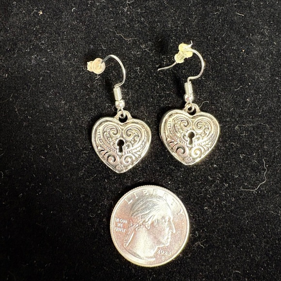 Silver Tone Heart Lock Dangle Earrings - Picture 4 of 6